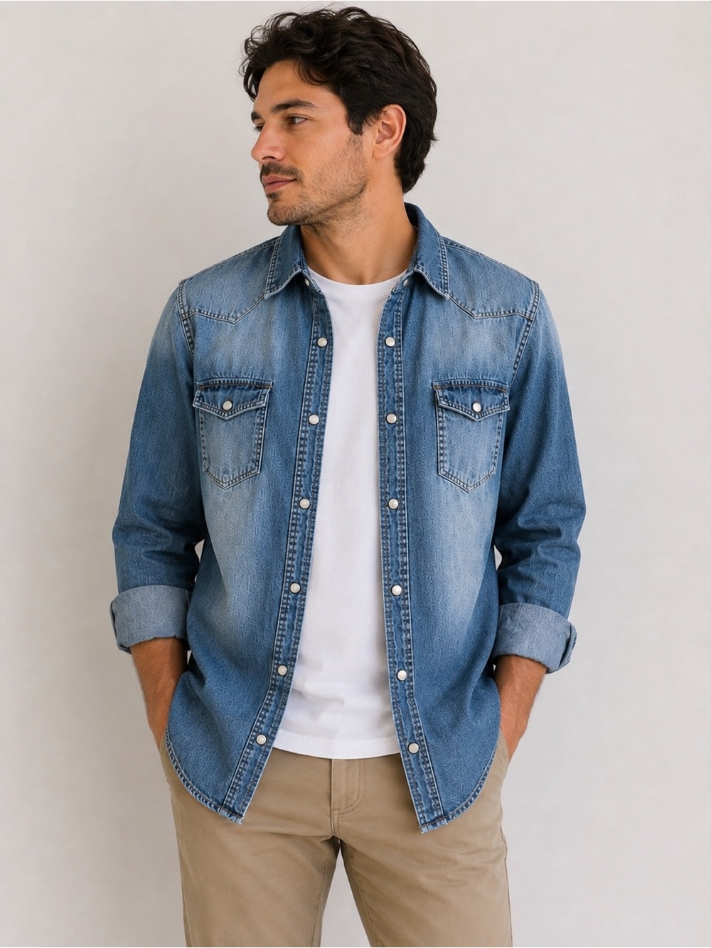 PD&C Men’s Blue Chambray Snap Button Shirt